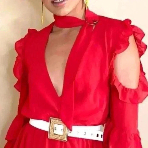 Plunging neckline Cold shoulder asymmetrical Midi Dress Red - Picture 6 of 6